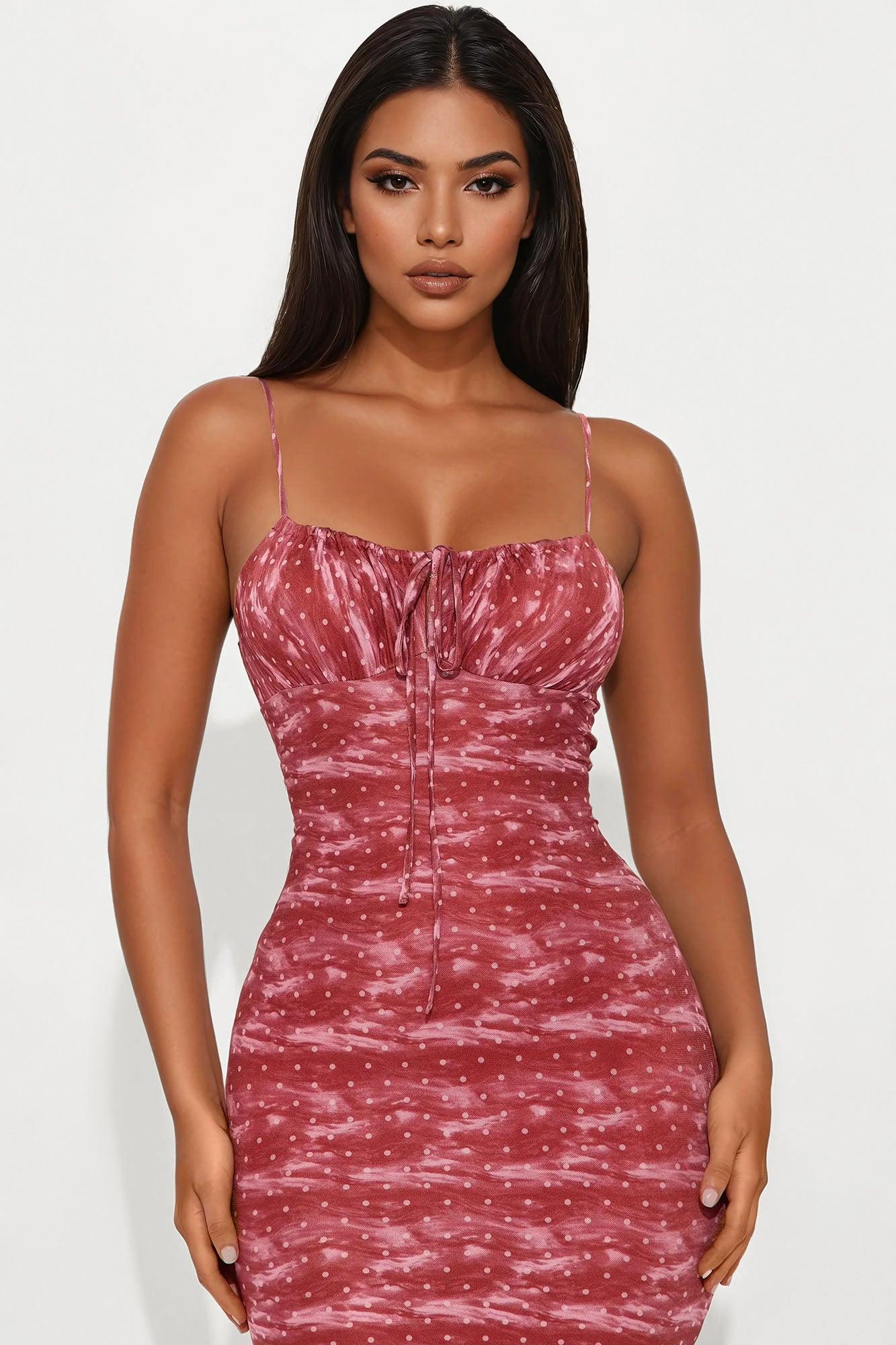 Wild Daydream Polka Dot Mesh Midi Dress - Red Female Product Image