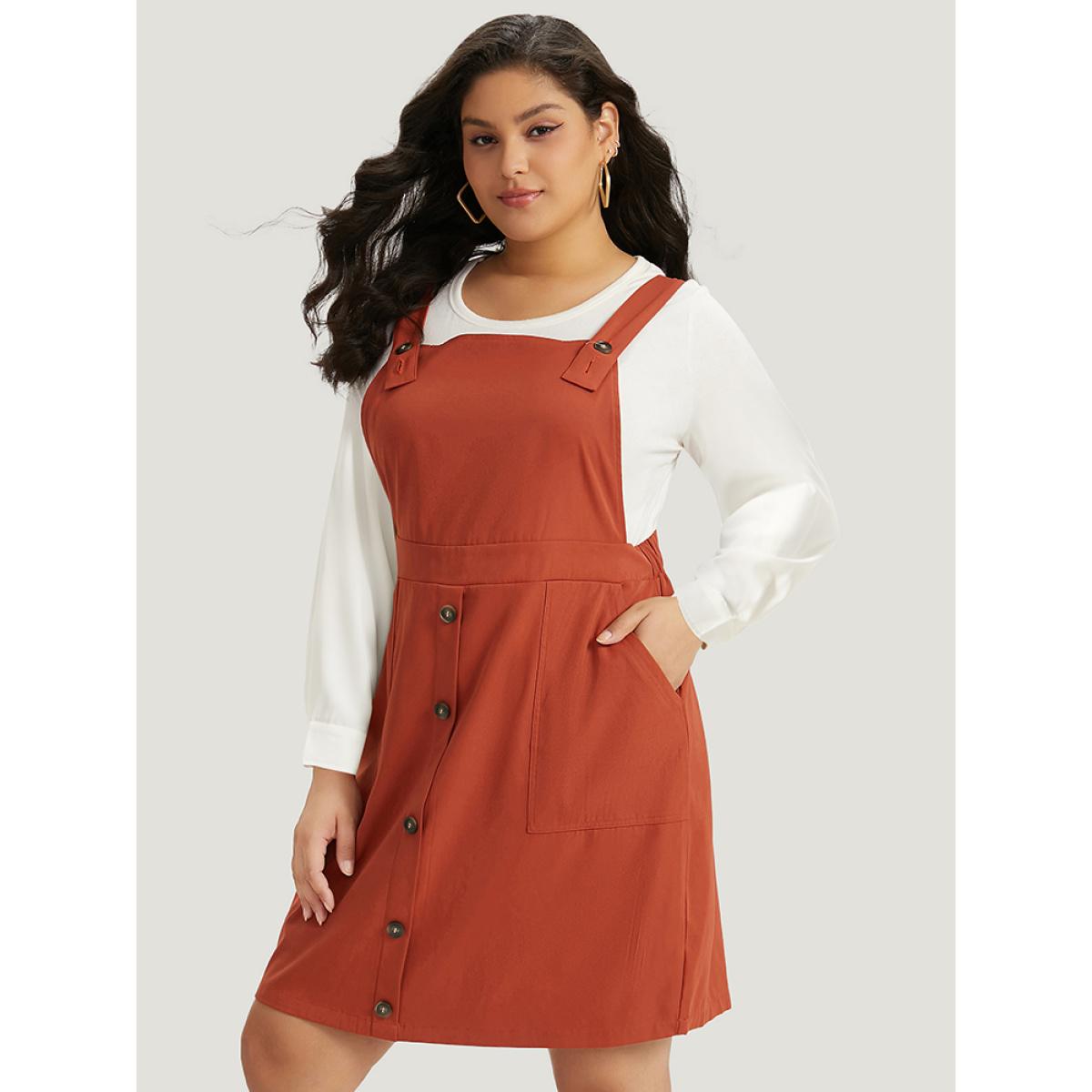 Plus Size Plain Button Up Pocket Suspender Skirt Brown Women Casual Adjustable Straps Spaghetti Strap Sleeveless Curvy Knee Dress BloomChic 10/M Product Image