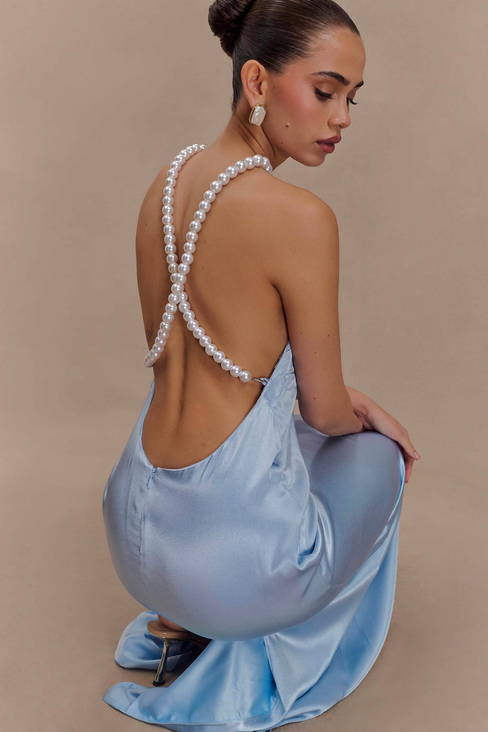 Blanche Satin Pearl Halter Maxi Dress - Cornflower Blue Product Image