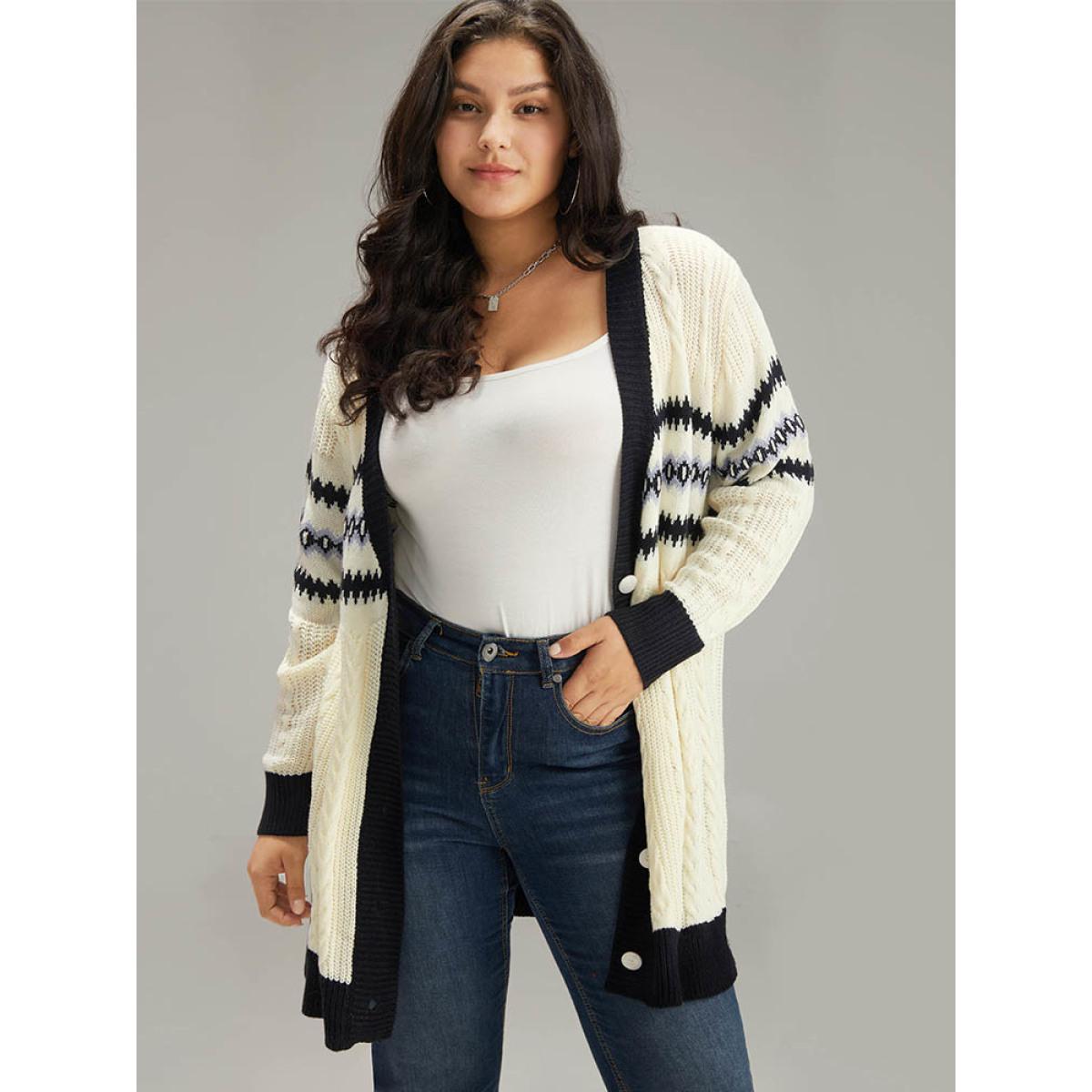 Plus Size Cable Knit Striped Geo Button Fly Cardigan Beige Women Casual Loose Long Sleeve Dailywear Cardigans BloomChic 10/M Product Image