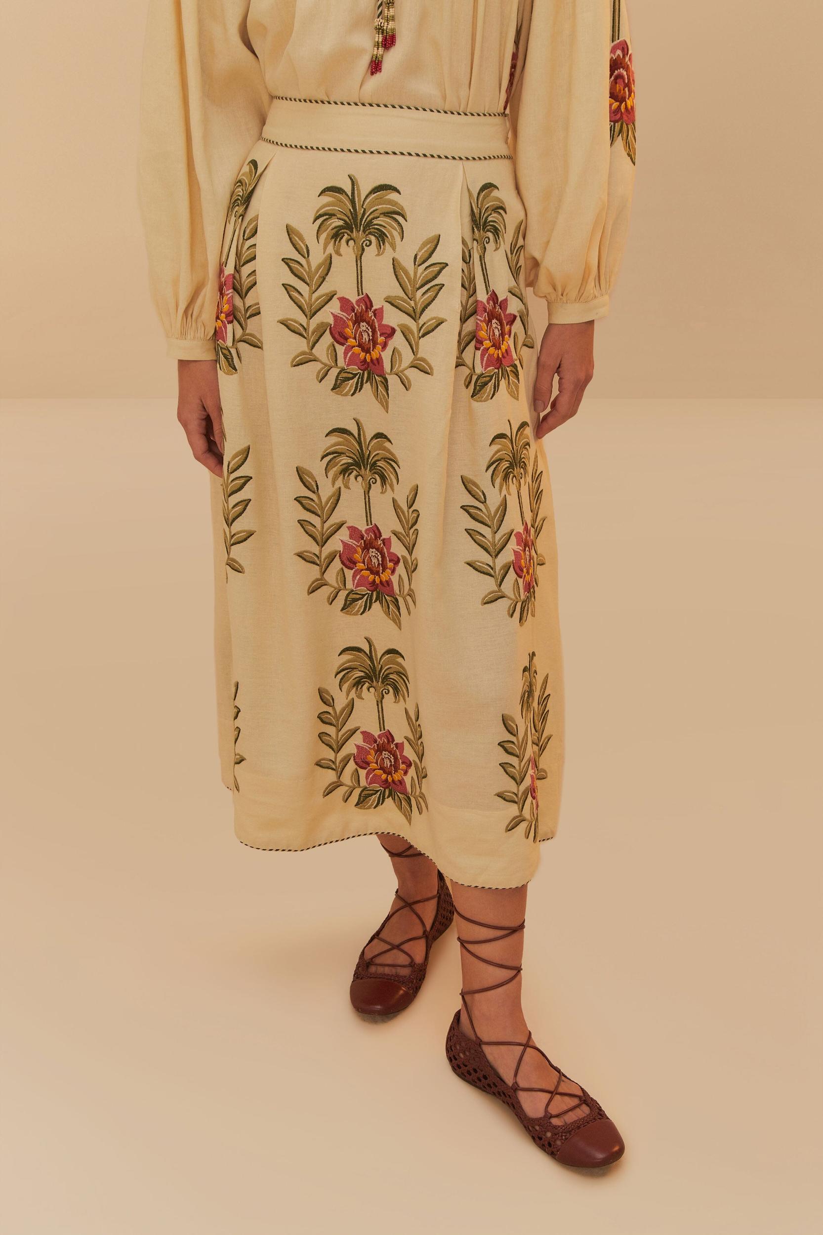 Sand Tropical Flower Embroidered LENZING™ ECOVERO™ Euroflax™ Maxi Skirt Product Image