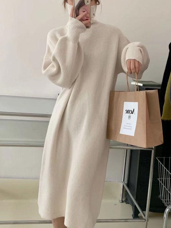 Long Sleeves Loose Solid Color High Neck Midi Dresses Sweater Dresses Product Image