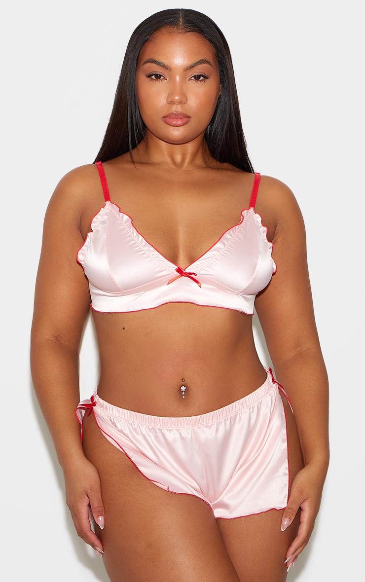Plus Pink Cami Short Contrast Trim Satin PJ Set Product Image