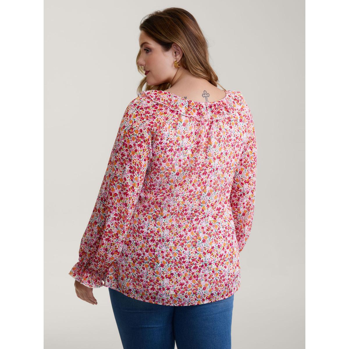 Plus Size Ivory Sweet Floral Print Ruffled Neck Blouse Women Timeless Long Sleeve V-neck Elegant Blouses BloomChic 18-20/2X Product Image