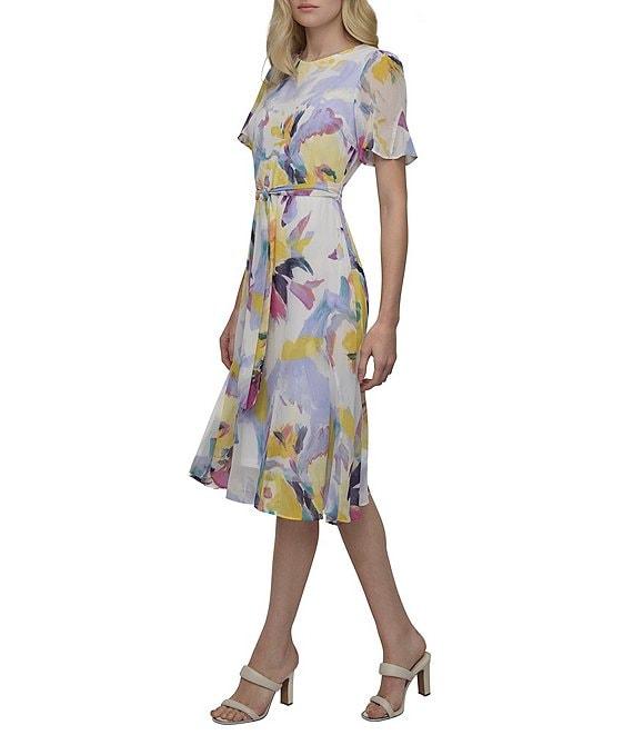 DKNY by Donna Karan Woven Floral Print Crew Neck Short Sleeve Fit and Flare Dress Product Image