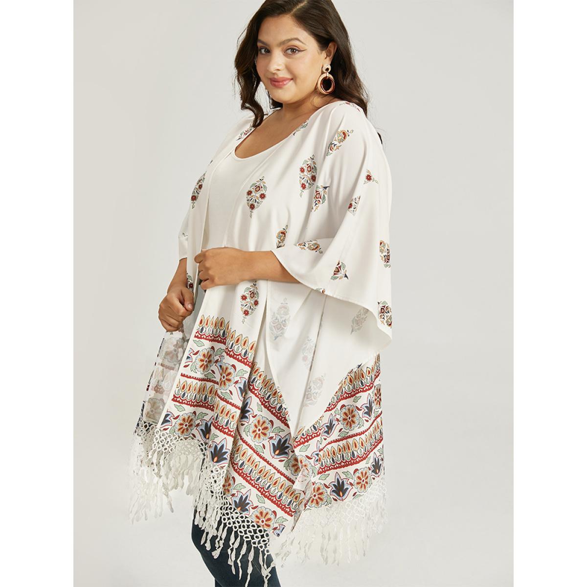 Plus Size Boho Print Asymmetrical Hem Tassel Trim Drape Kimono Women Ivory Casual Drape Loose Dailywear Kimonos BloomChic 30/6X Product Image