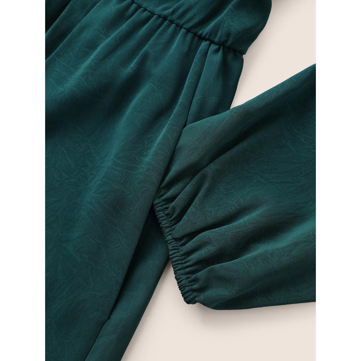 Plus Size Solid Pleated Patchwork Frill Trim Tie Neck Dress Cyan Women Elegant Non V-neck Long Sleeve Curvy Midi Dress BloomChic 26/4X Product Image