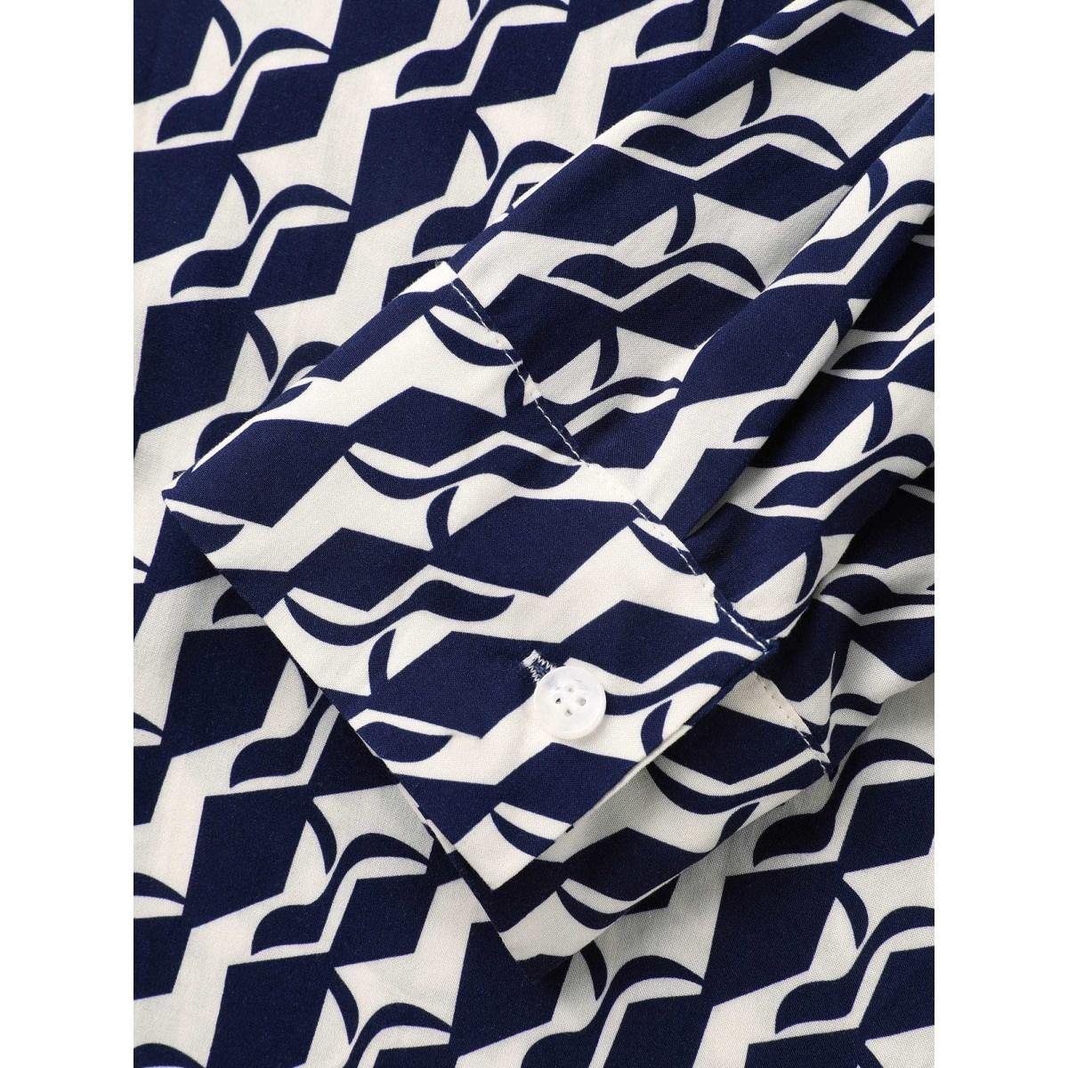 Plus Size Indigo Geometric Shirt Collar Pleated Blouse Women Elegant Long Sleeve Shirt collar Everyday Blouses BloomChic 30/6X Product Image