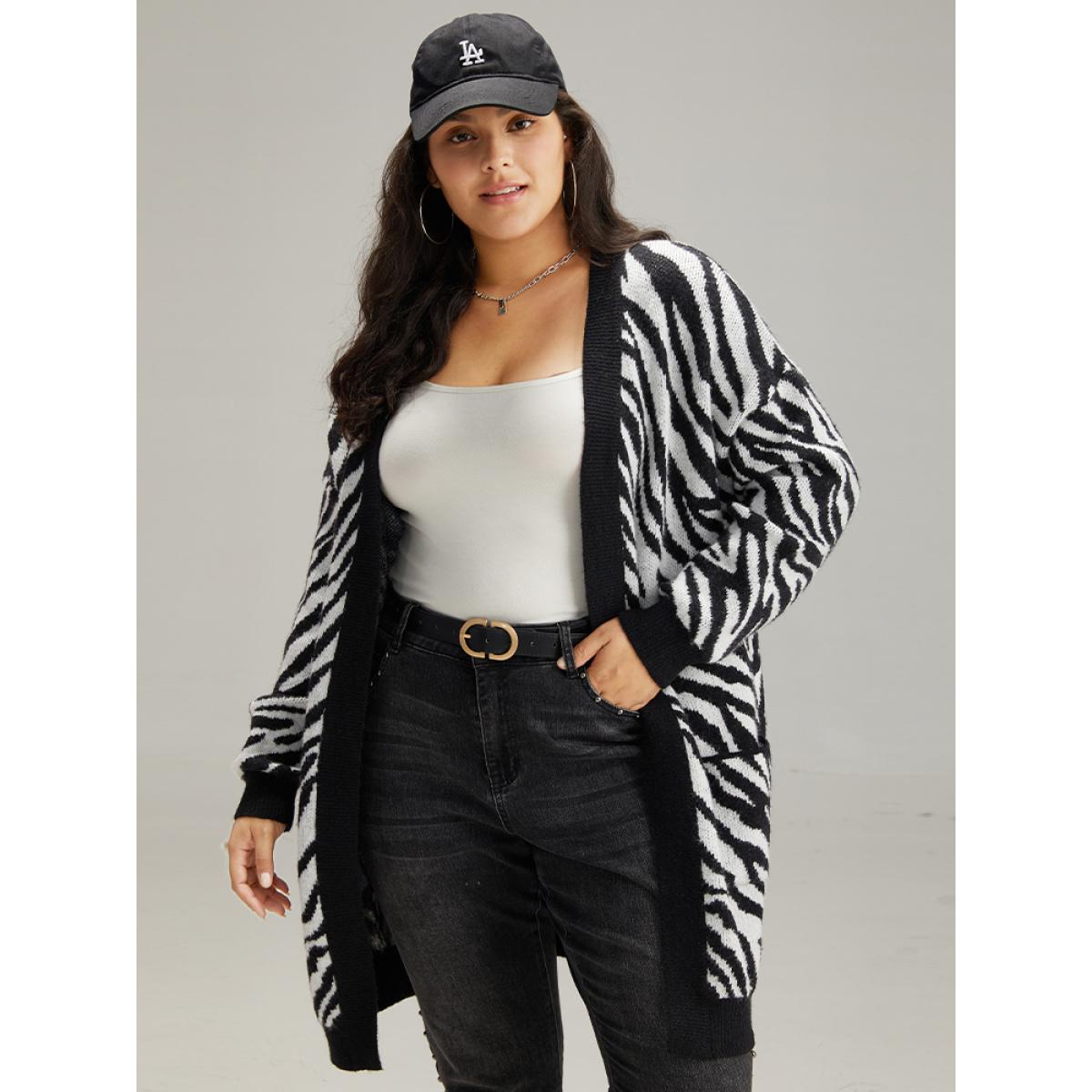 Plus Size Supersoft Essentials Zebra Print Patched Pocket Cardigan Black Women Casual Loose Long Sleeve Dailywear Cardigans BloomChic 28/5X Product Image