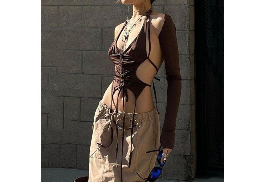 Set: Halter Open-Back Crop Top + Long-Sleeve Bolero Top Product Image