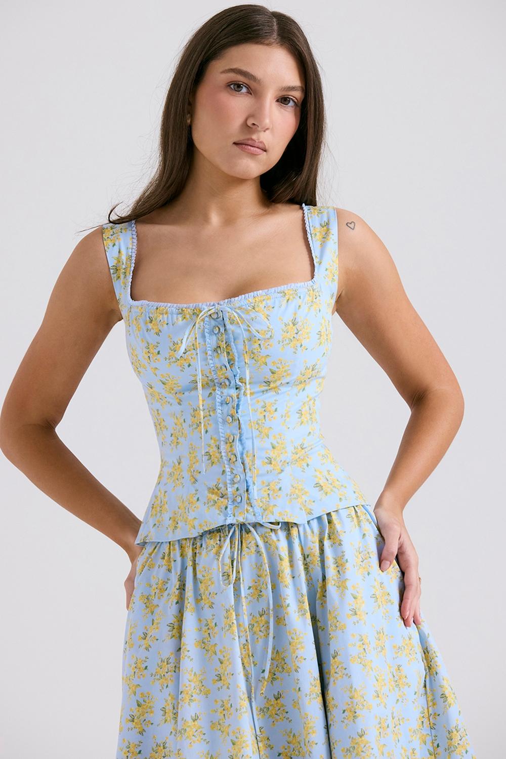 Cora  soft blue vintage floral print cotton midi skirt - sale Product Image