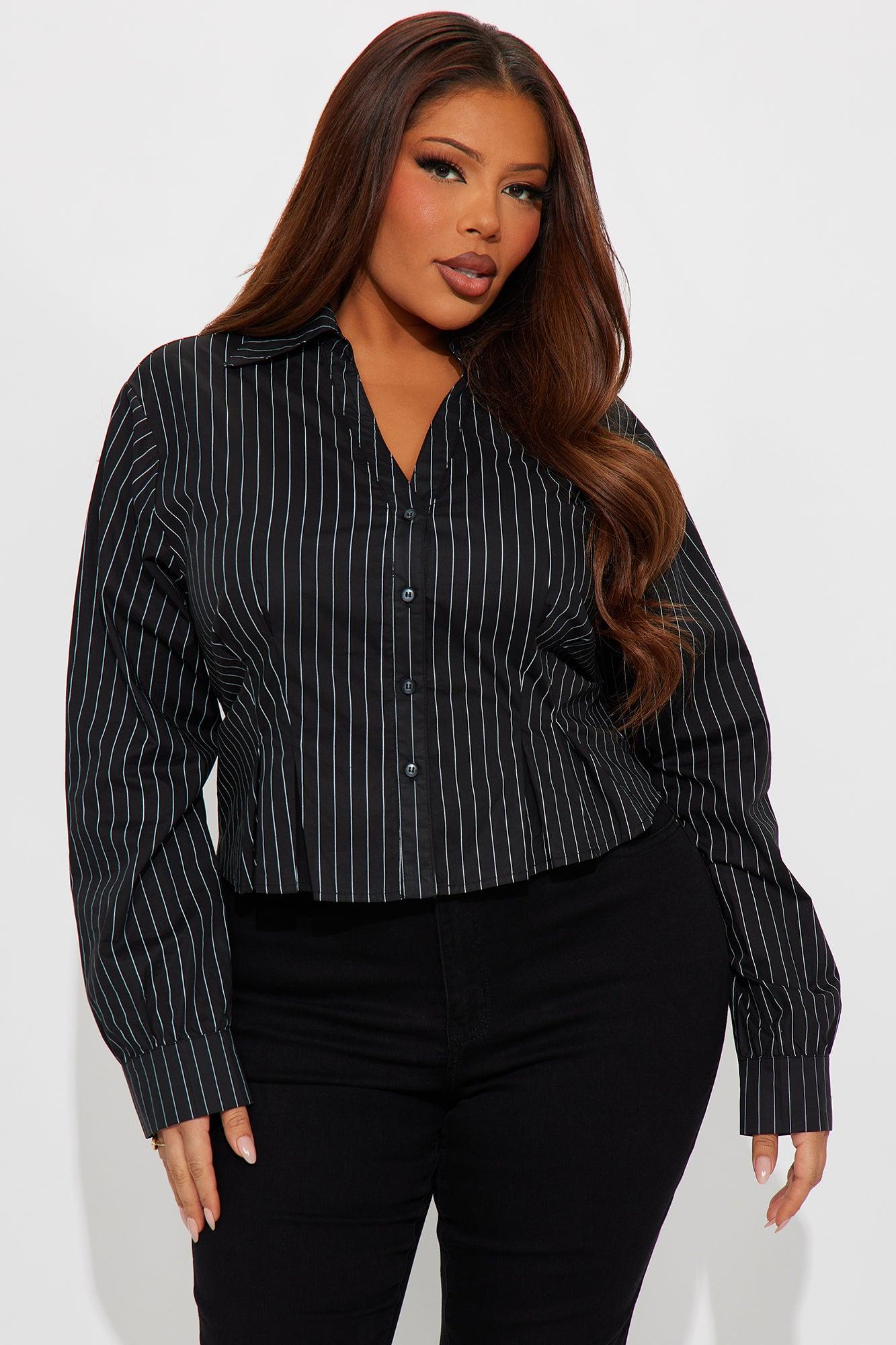 Stripe Me Pleated Poplin Button Up Shirt - Black/White Female Product Image