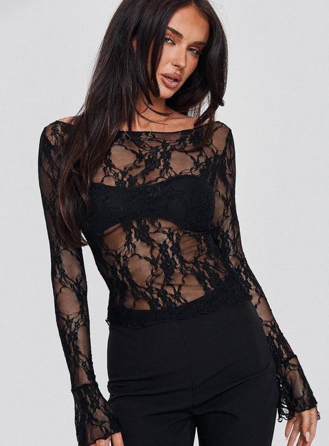 Junah Sheer Lace Long Sleeve Top Black Product Image