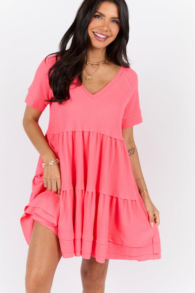 Planning Ahead Coral Waffle Knit Short Sleeve V-neck Dress FINAL SALE Product Image