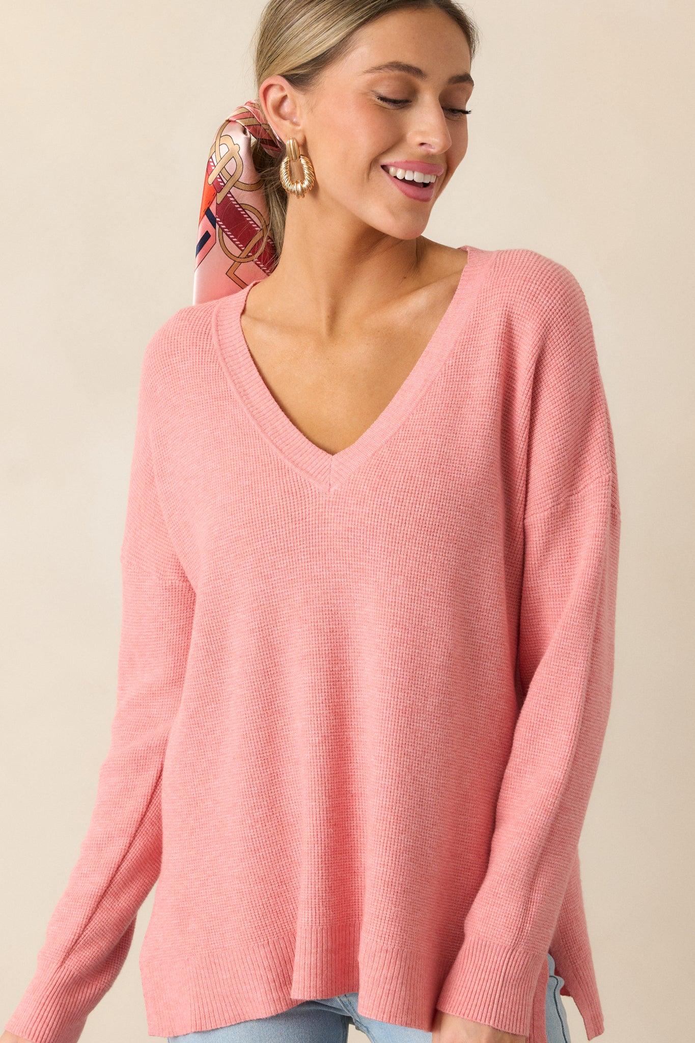 Cozy Afternoon Rose Pink V-Neck Sweater Product Image