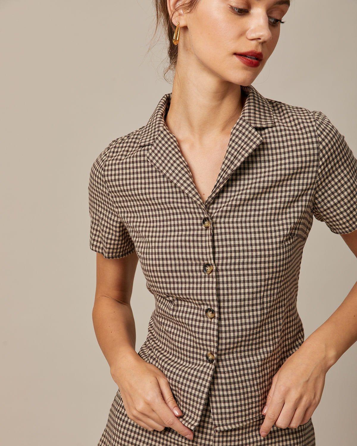The Brown Lapel Plaid Short Sleeve Blouse Product Image