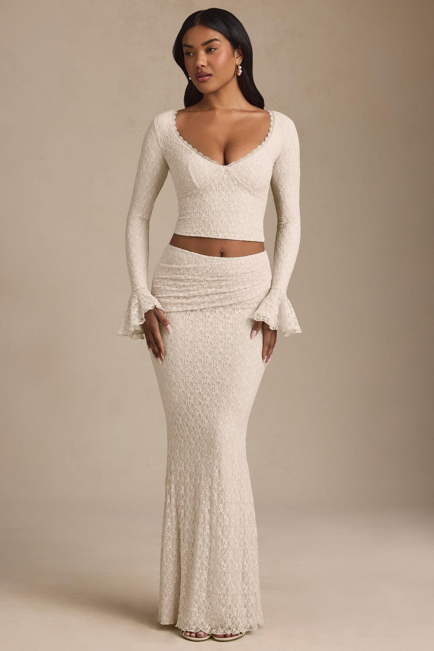 Draped Low-Rise Lace Maxi Skirt in Ivory Product Image