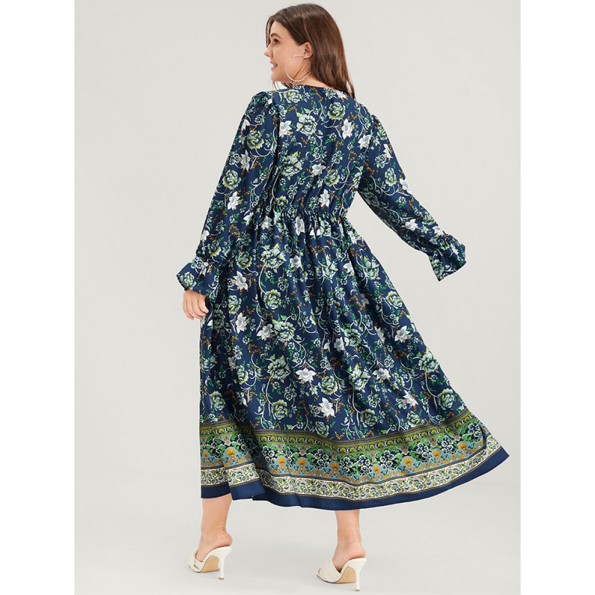Plus Size Floral Lantern Sleeve Pocket Split Wrap Flutter Hem Maxi Dress DarkBlue Women Vacation Slit V-neck Long Sleeve Curvy Long Dress BloomChic 10/M Product Image
