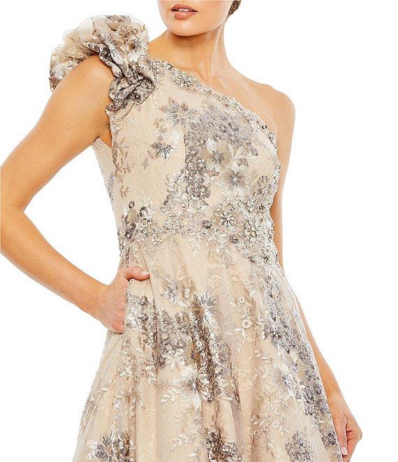 Mac Duggal Floral Embellished One Shoulder Neck Ruffle Beaded A-Line Gown Product Image