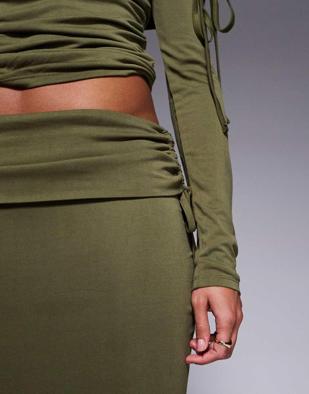 ASOS DESIGN premium modal fold over waist fishtail maxi skirt with side ruching in olive Product Image
