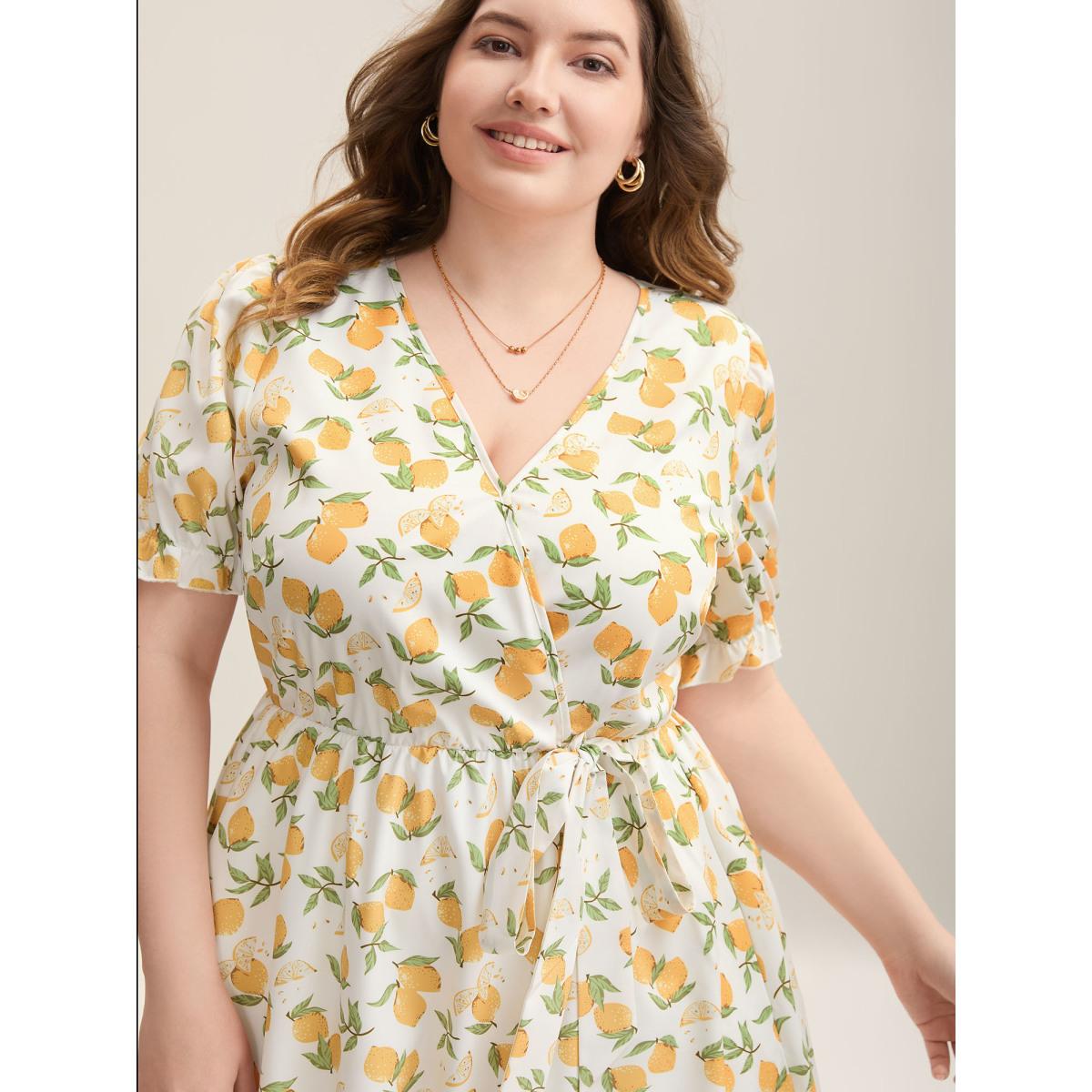 Plus Size Lemon Print Surplice Stretchy Waist Midi Dress Ivory Women Elegant Overlapping Overlap Collar Short sleeve Curvy BloomChic 18-20/2X Product Image