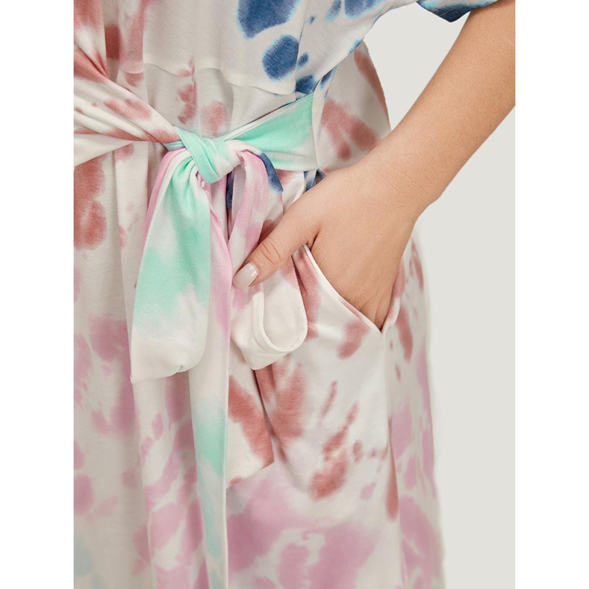 Plus Size Tie Dye Dolman Sleeve Pocket Knot Side Dress Multicolor Women Casual Knotted Round Neck Short sleeve Curvy Midi Dress BloomChic 18-20/2X Product Image