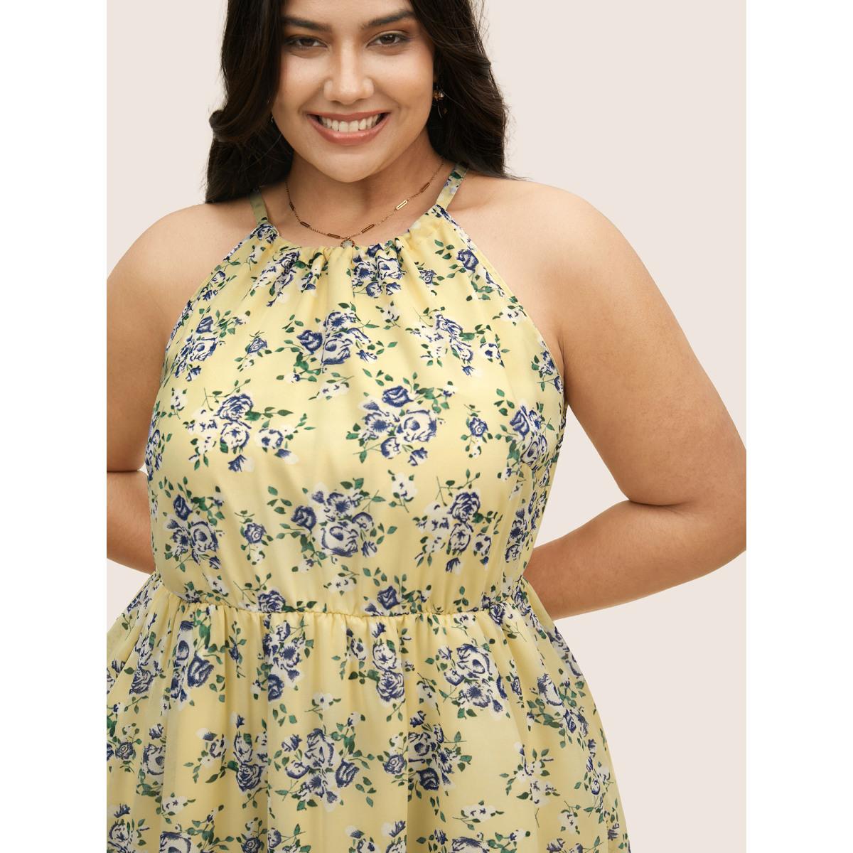 Plus Size Halter Neck Floral Elastic Waist Dress Lightyellow Women Elegant Halter neck Sleeveless Curvy BloomChic 12/L Product Image