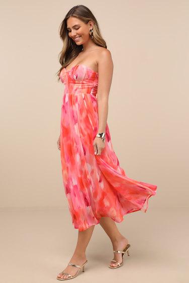 Aysel Coral Pink Abstract Strapless Bustier Midi Dress Product Image