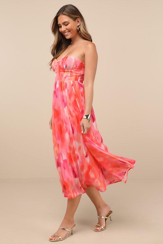 Aysel Coral Pink Abstract Strapless Bustier Midi Dress Product Image