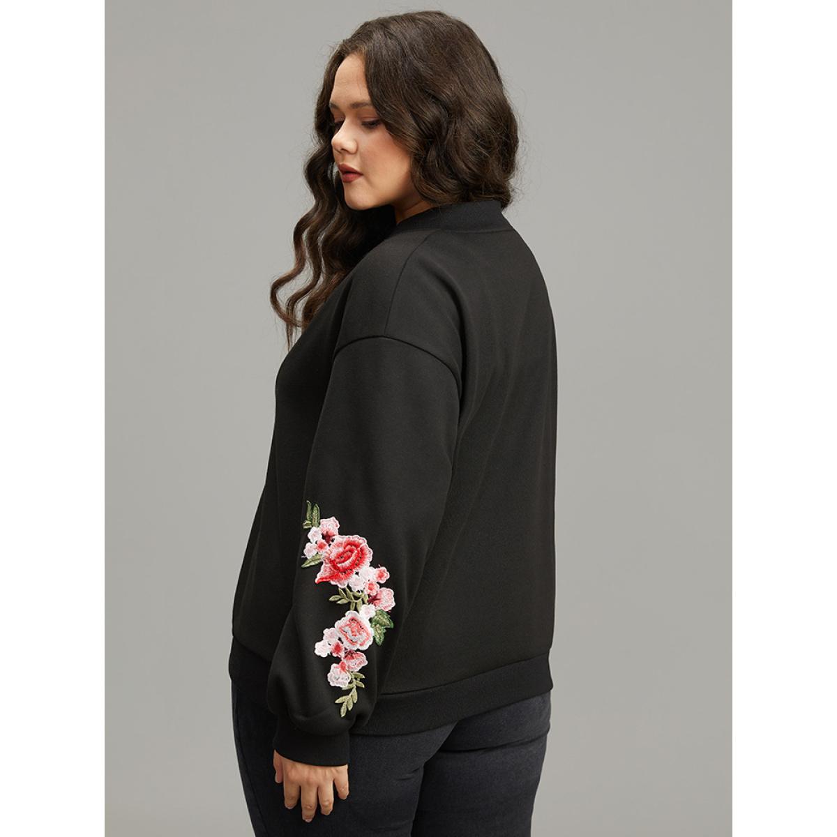 Plus Size Floral Embroidered O Ring Zipper Jacket Women Black Elastic cuffs Everyday Jackets BloomChic 26/4X Product Image