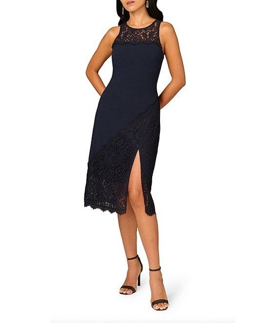 Aidan Mattox Crepe Lace Scoop Neck Sleeveless Side Slit Sheath Dress Product Image