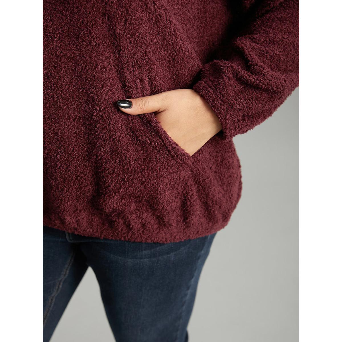 Plus Size Fuzzy Solid Hooded Pocket Ties Sweatshirt Women Burgundy Casual Elastic cuffs Hooded Dailywear Sweatshirts BloomChic 18-20/2X Product Image