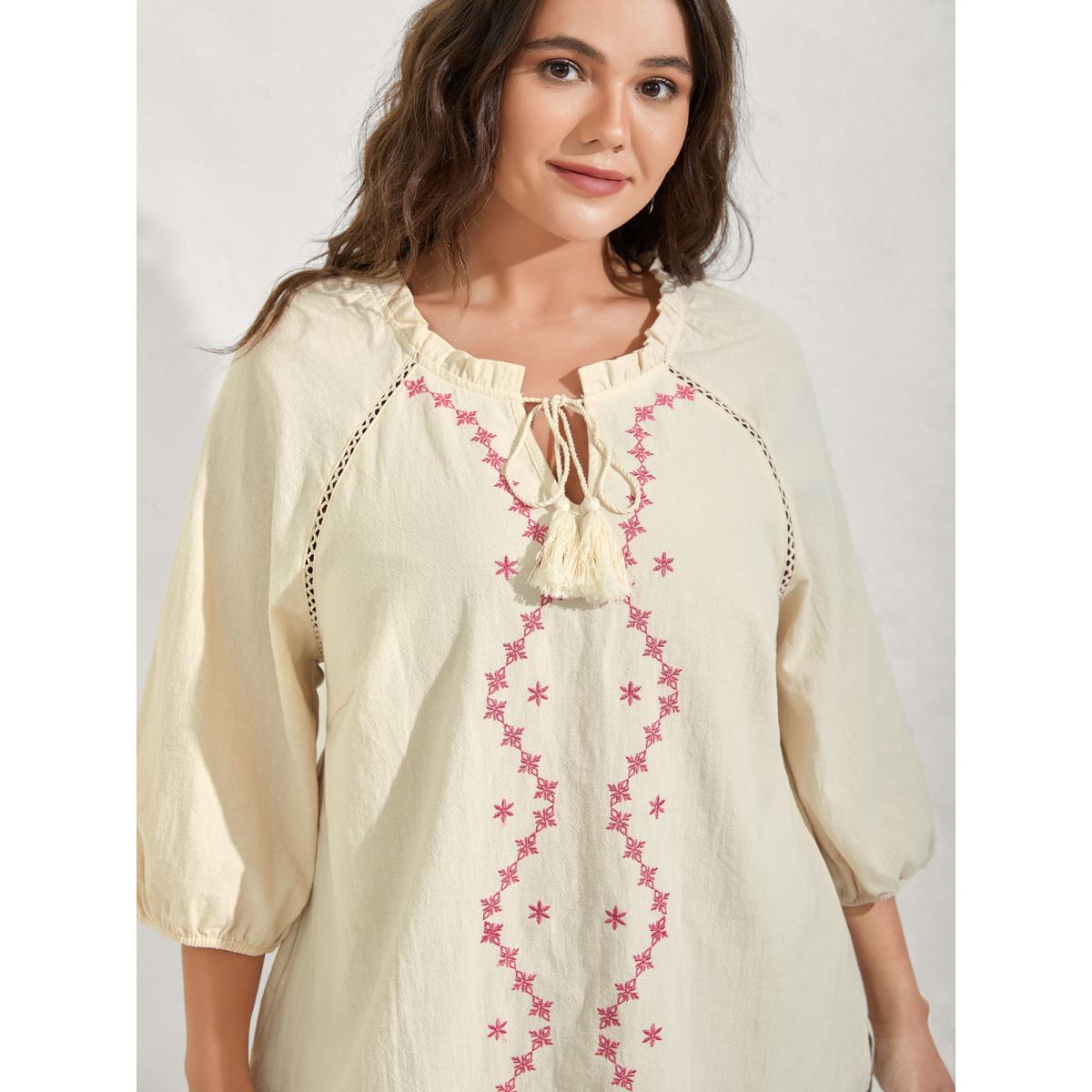 Plus Size Ivory Cotton Lace Embroidered Shirred Neck-Tie Blouse Women Elbow-length sleeve Flat collar with V-notch Vacation Blouses BloomChic 14-16/1X Product Image