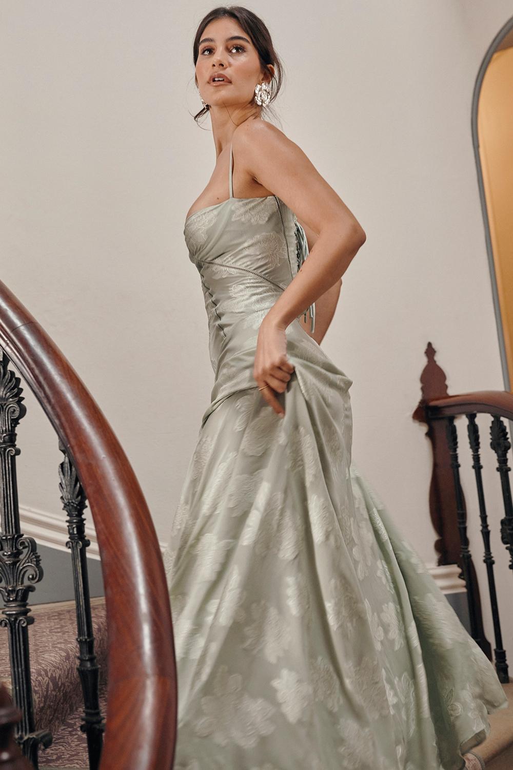 Seren  pistachio floral lace back maxi dress Product Image