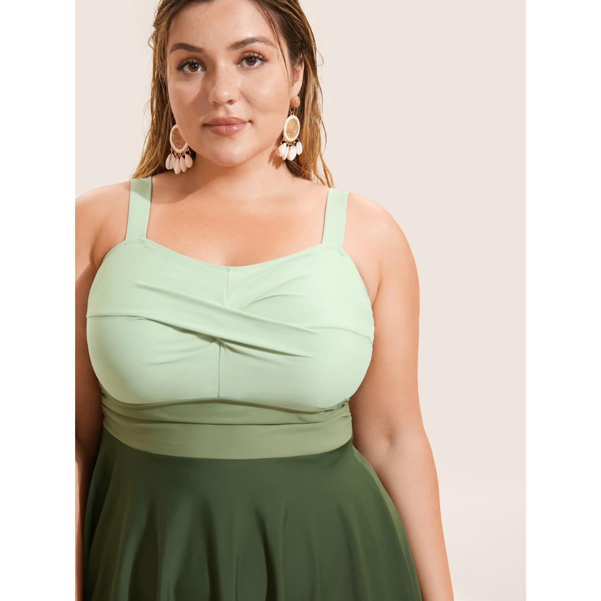 Plus Size Twist Front Patchwork Adjustable Straps Swim Dress Women's Swimwear ArmyGreen Beach Bodycon Heart neckline High stretch Curve Swim Dresses BloomChic 18-20/2X Product Image