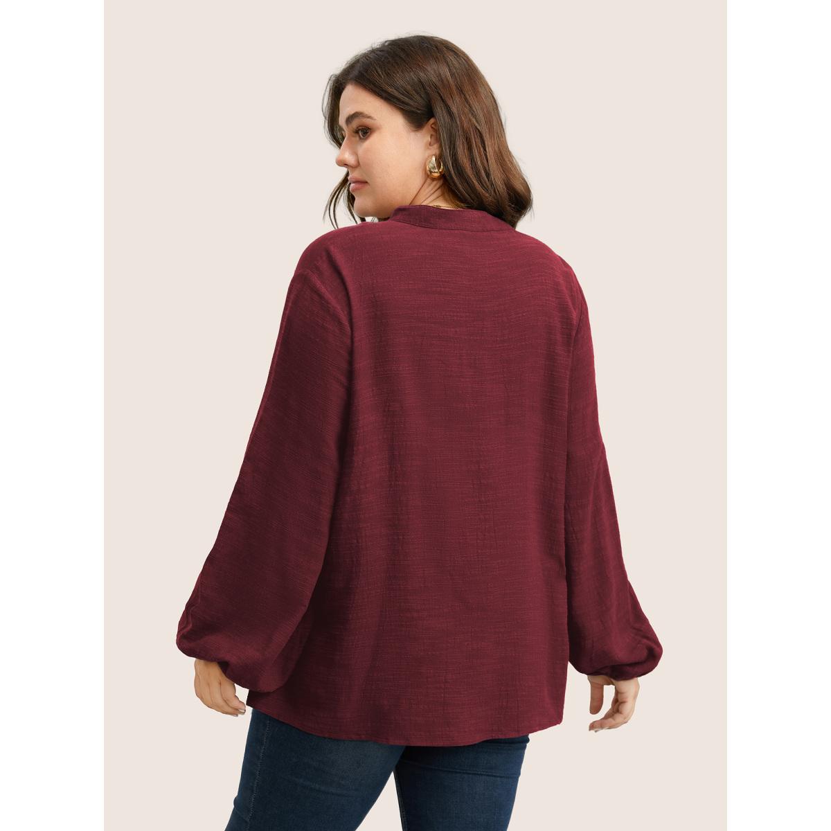 Plus Size Indigo Plain Lace Up Lantern Sleeve Blouse Women Casual Long Sleeve Shirt collar Everyday Blouses BloomChic 22-24/3X Product Image