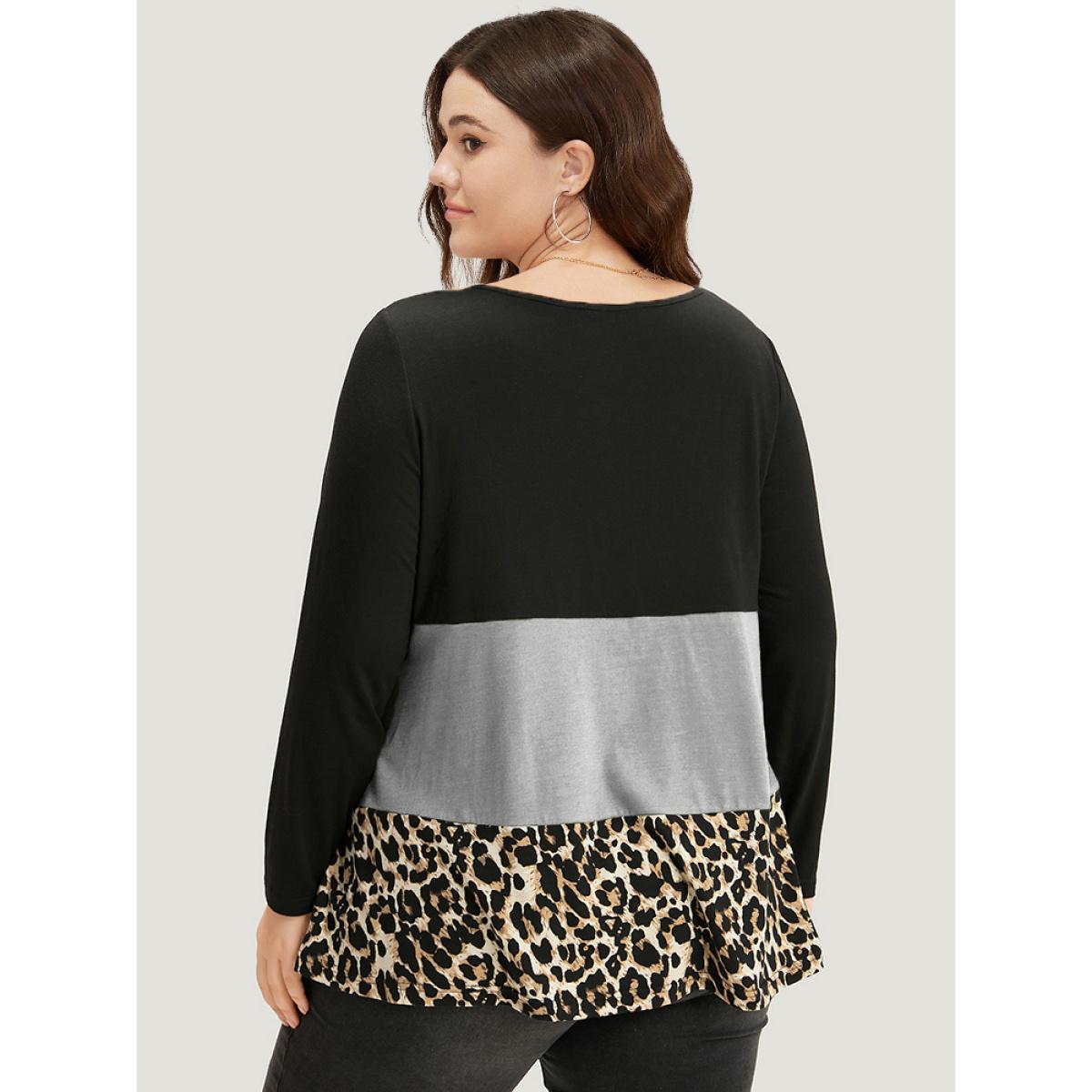 Plus Size Colorblock Leopard Contrast Round Neck T-shirt Gray Women Casual Contrast Leopard Round Neck Everyday T-shirts BloomChic 12/L Product Image