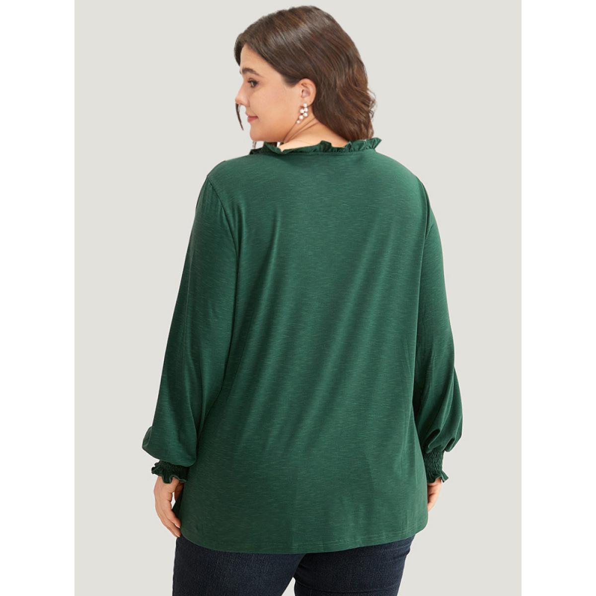 Plus Size Solid Frill Trim Shirred T-shirt DarkGreen Women Elegant Elastic cuffs Plain V-neck Dailywear T-shirts BloomChic 14-16/1X Product Image