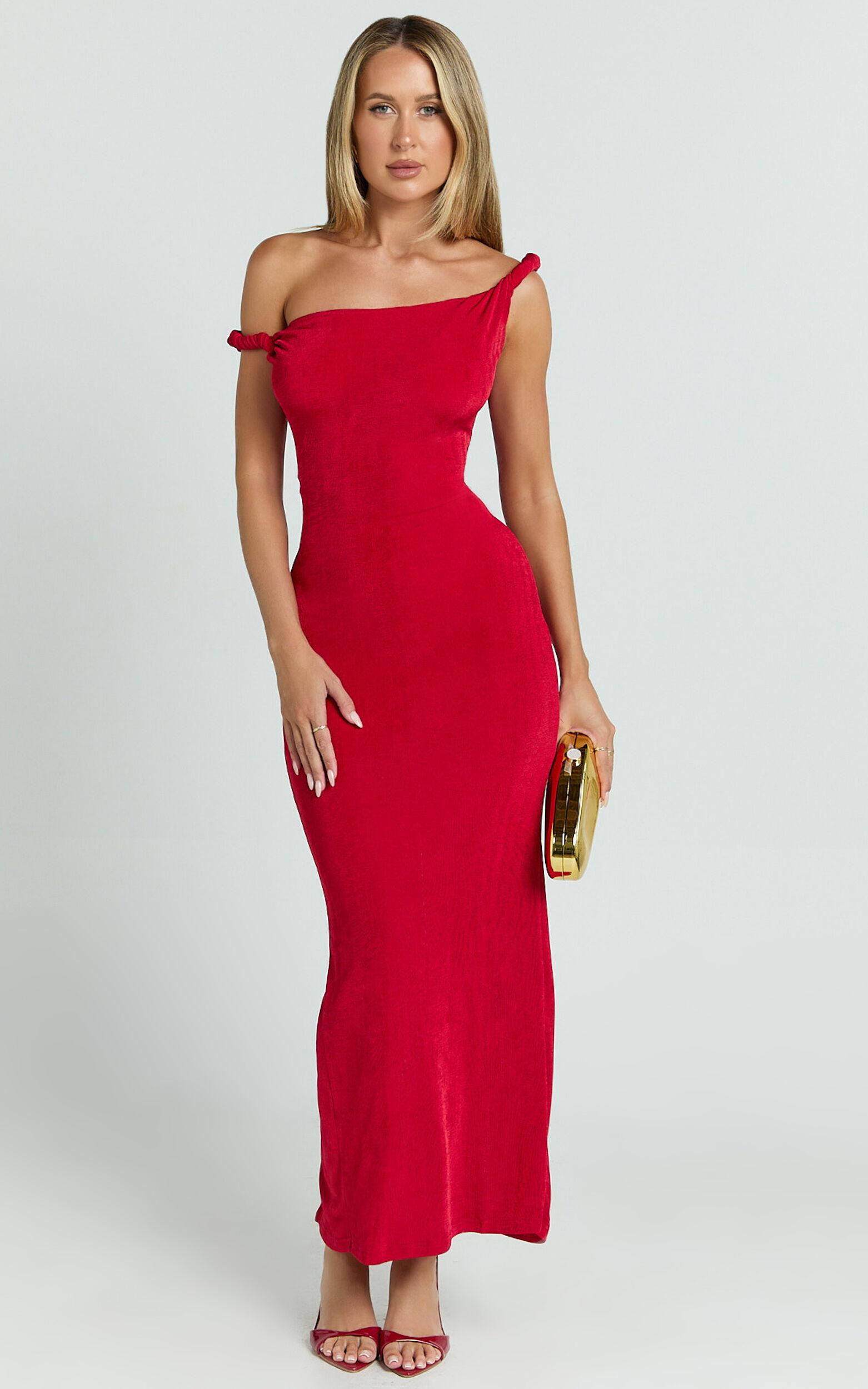Isabel Midi Dress - Twist Off Shoulder Bodycon Dress in Red Product Image