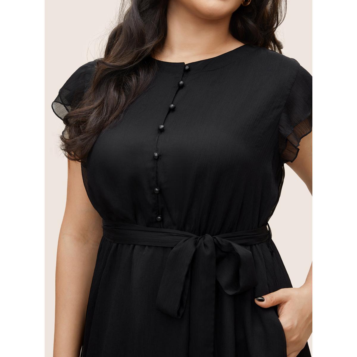 Plus Size Solid Mesh Belted Ruffle Cap Sleeve Dress Black Women At the Office Non Round Neck Cap Sleeve Curvy Midi Dress BloomChic 26/4X Product Image