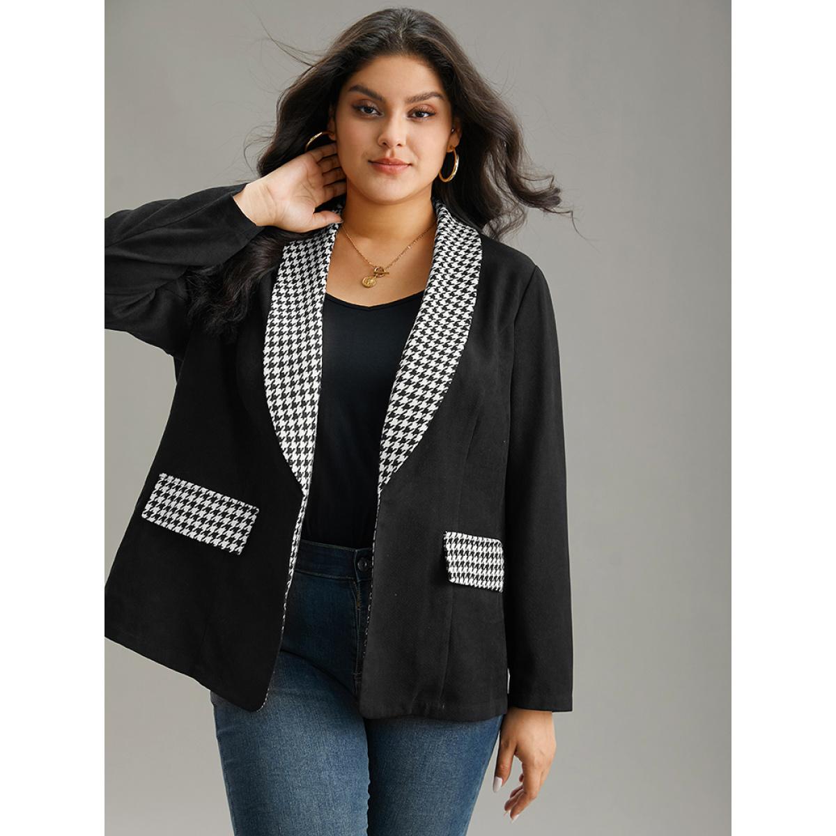 Plus Size Houndstooth Patchwork Contrast Twill Lapel Collar Blazer Black Women Dailywear Houndstooth Contrast Sleeve Long Sleeve Lapel Collar 12/L Casual Blazers BloomChic Product Image