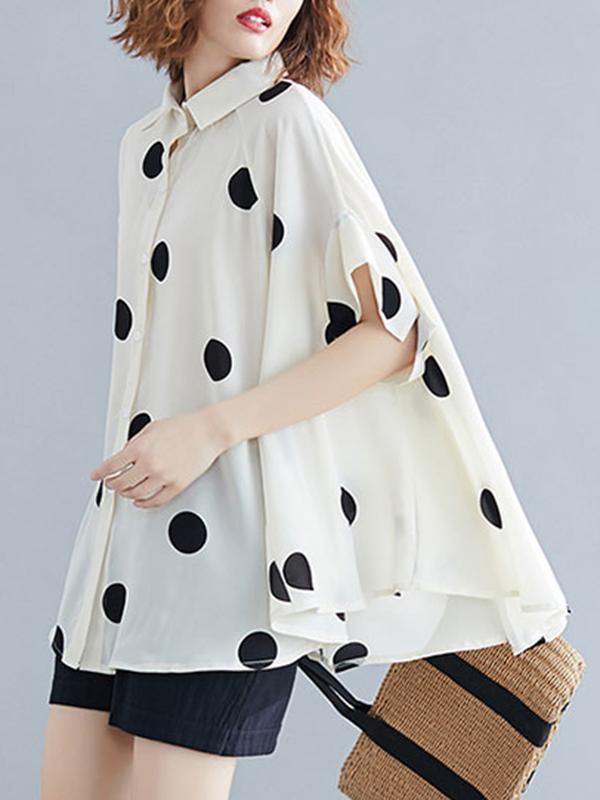 Batwing Sleeves Loose Polka-Dot Lapel Blouses&Shirts Tops Product Image