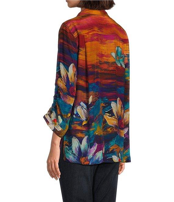 John Mark Woven Floral Painting Print Wire Collar 3/4 Cinch Sleeve Tunic Product Image