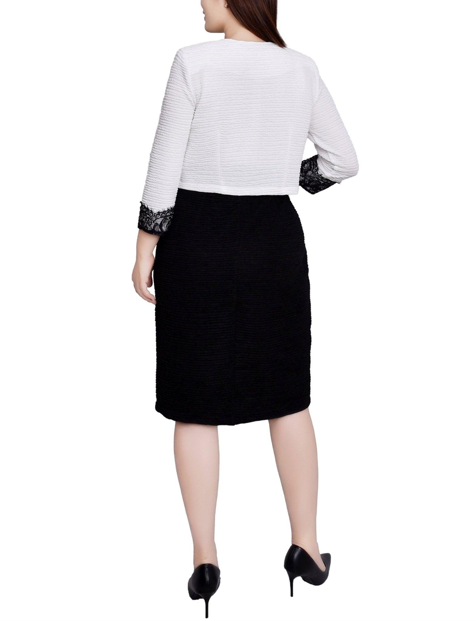 White Black Lace-Detail 2 Piece Textured Knit Dress Set - Petite Product Image