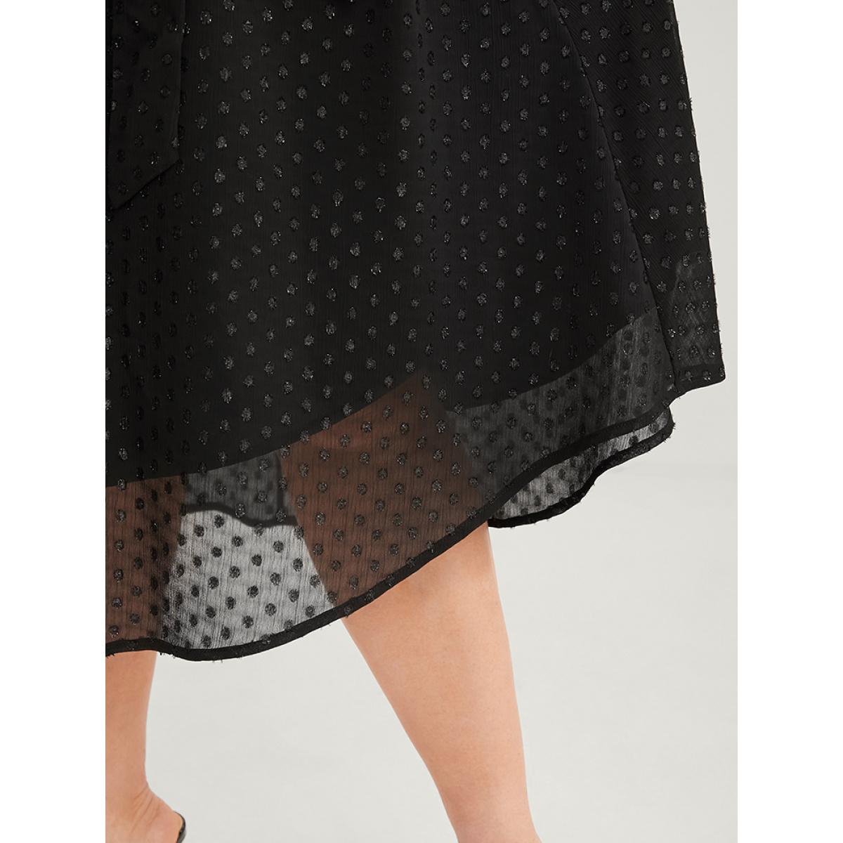 Plus Size Glitter Polka Dot V Neck Pocket Belted Ruffles Hem Dress Black Women Glamour Asymmetrical V-neck Short sleeve Curvy Midi Dress BloomChic 30/6X Product Image