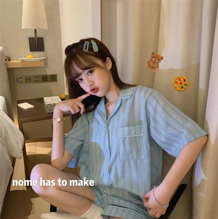 Pajama Set: Striped Short-Sleeve Blouse + Shorts Product Image