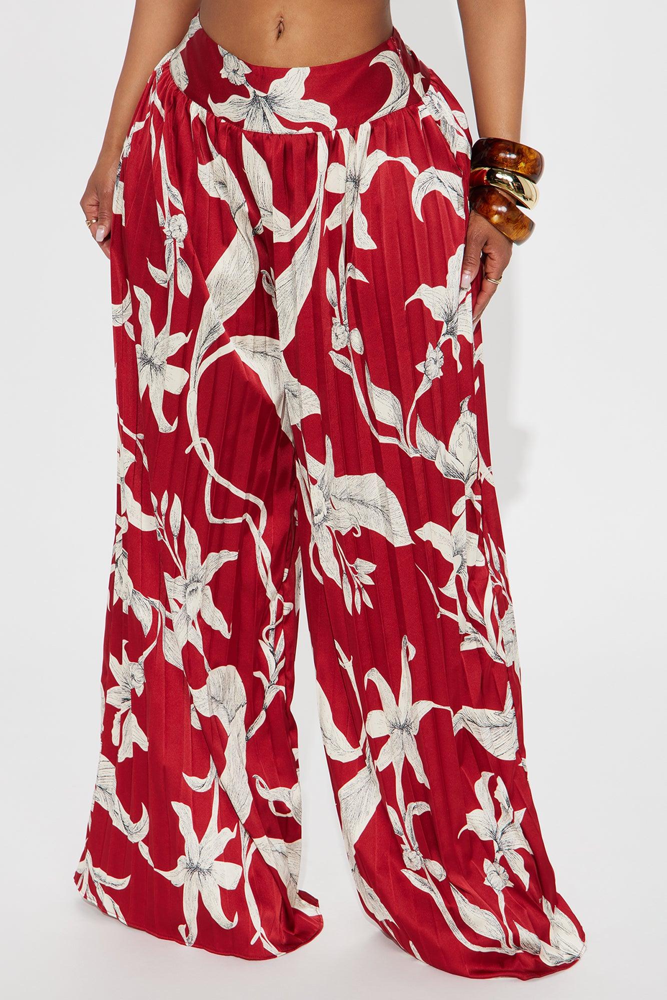 Leila Pleated Satin Wide Leg Pant - Burgundy Product Image