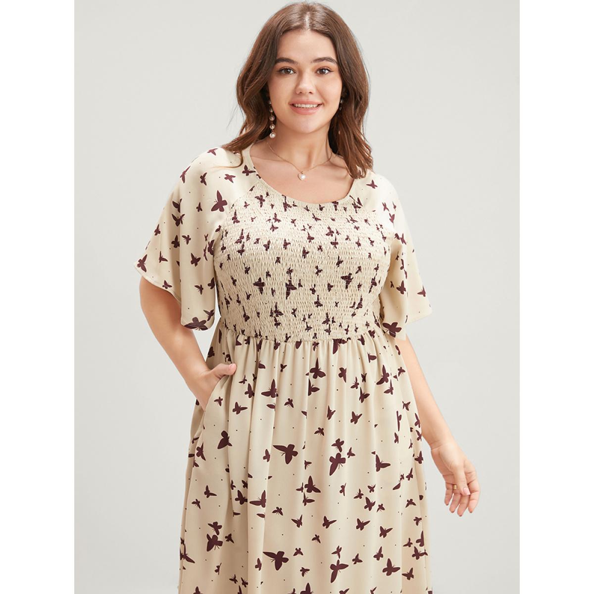 Plus Size Butterfly Print Shirred Raglan Sleeve Pocket Flutter Dress Apricot Women Elegant Gathered Round Neck Half Sleeve Curvy Midi Dress BloomChic 22-24/3X Product Image