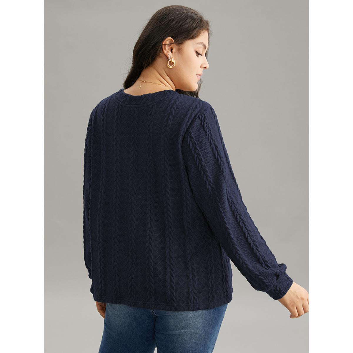 Plus Size Plisse Solid Button Detail Sweatshirt Women Indigo Elegant Texture V-neck Everyday Sweatshirts BloomChic 18-20/2X Product Image