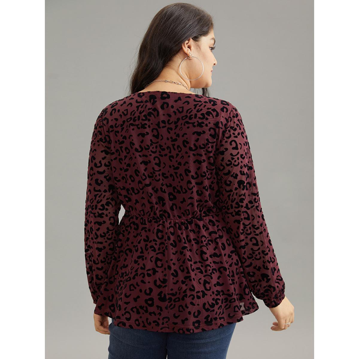 Plus Size Burgundy Leopard Flocking Mesh Patchwork Wrap Blouse Women Glamour Long Sleeve V-neck Going out Blouses BloomChic 22-24/3X Product Image